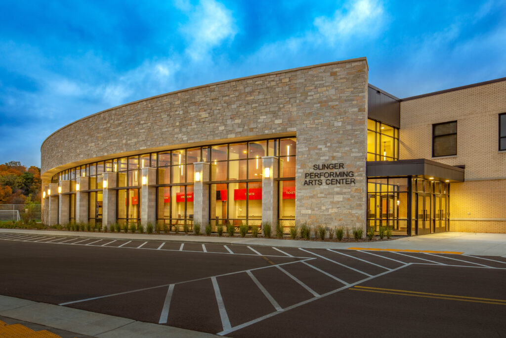 Slinger High School Auditorium Exterior designed by Bray Architects