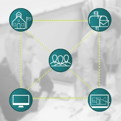 Thumbnail of communication and school icons being linked by a web