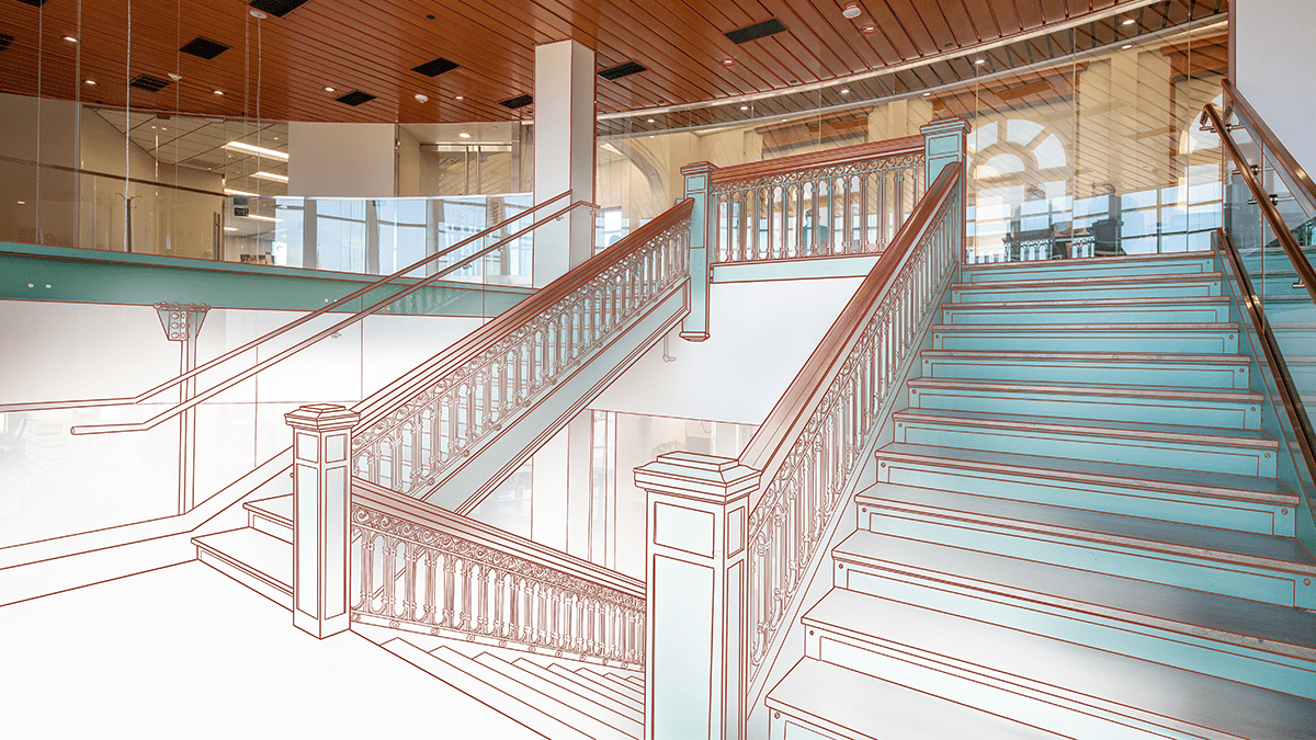 Sketch drawing fading into photo of stair case of a historic preservation project designed by Bray Architects