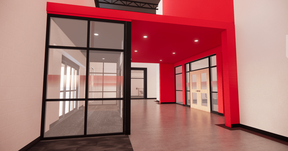 Rendering of the employee entrance at the VisABILITY Center showing the red gradient film that will be applied to glass windows and doors.