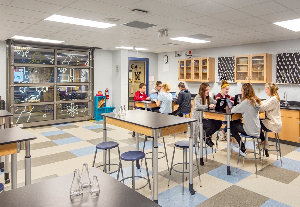 Science room with garage door to common space