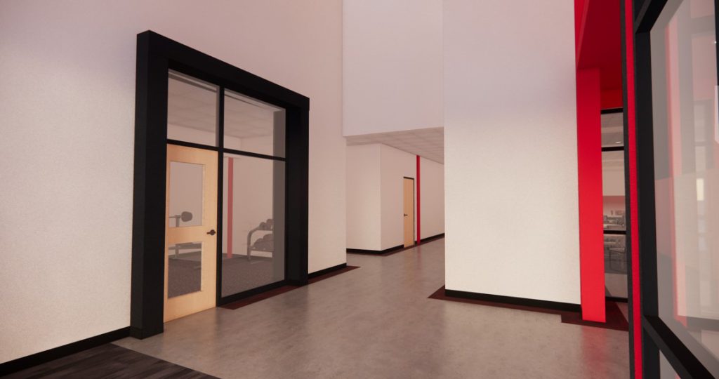 Rendering showing dark color frames around doors and windows in the VisABILITY Center