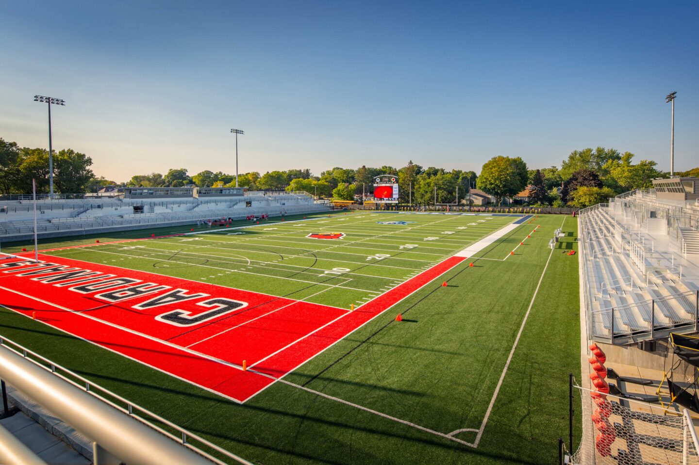 View of full football field from plaza above