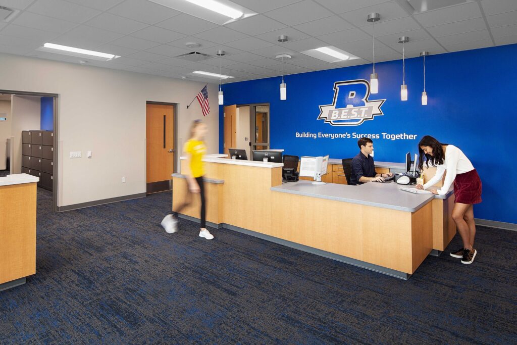 School colors and a wall mural at Waukesha's Butler Middle School remind reception visitors that "Best" means "building everyone's success together"