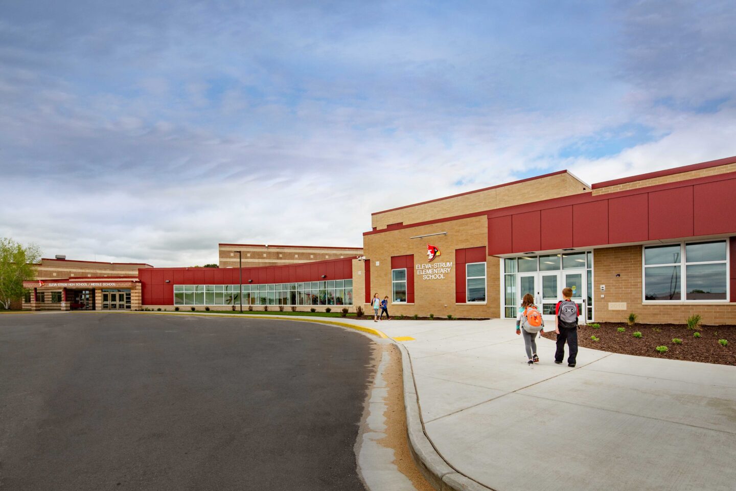 Exterior view of the new elementary addition for the School District of Eleva-Strum, which connects to the existing middle and high school