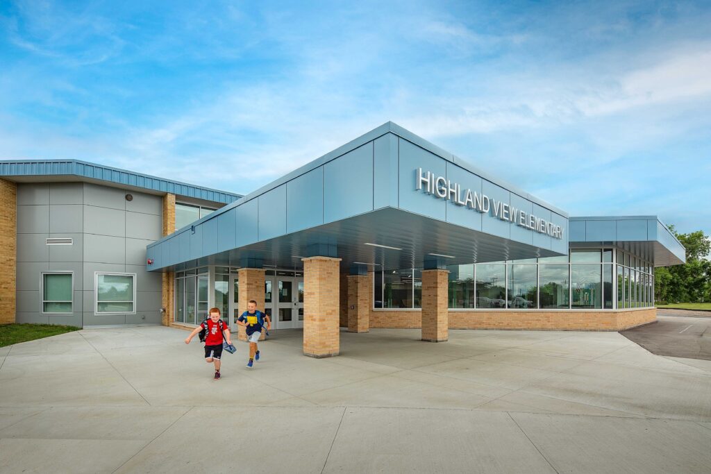 An exterior view of the main entrance at Highland View Elementary in the Greendale School District