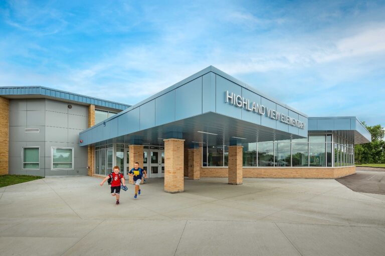 An exterior view of the main entrance at Highland View Elementary in the Greendale School District