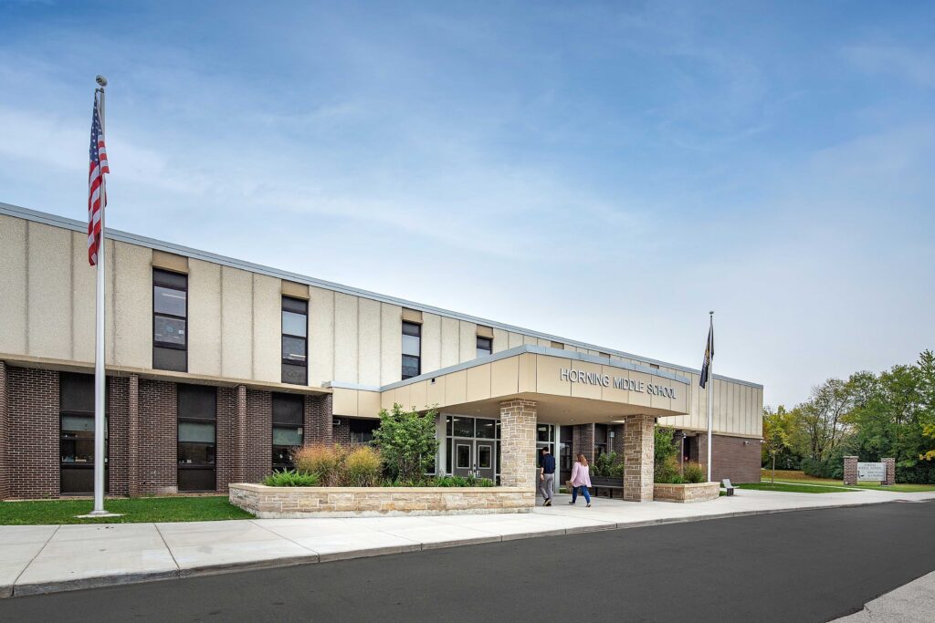 An exterior view of Horning Middle School in the Waukesha School District