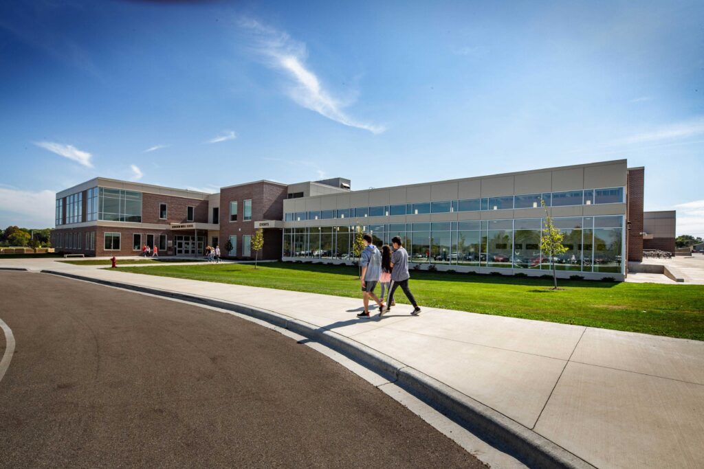 An exterior view of the school including the events entry