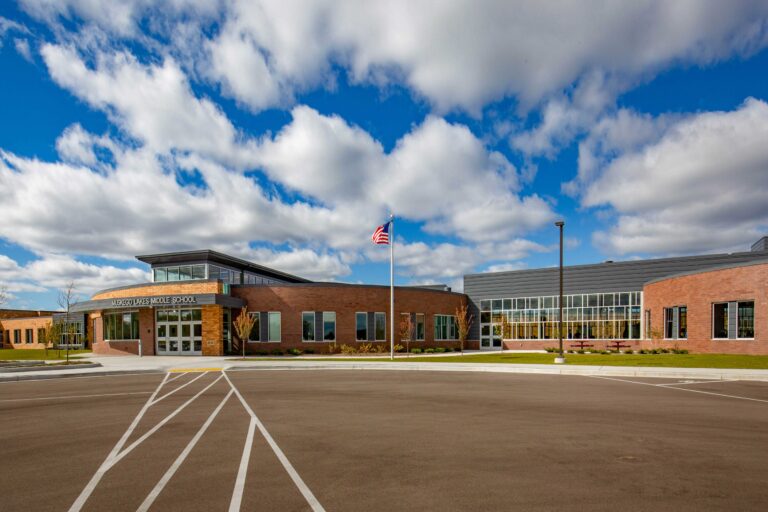 An exterior photo of the school's main entrance