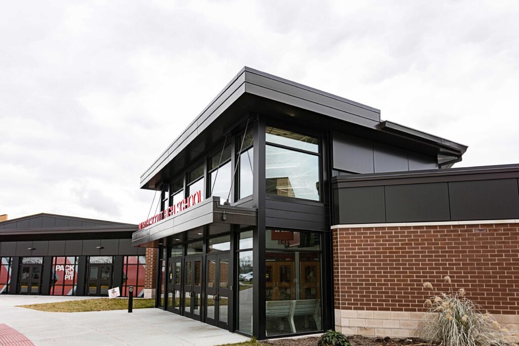 An exterior photo of the school's main entrance