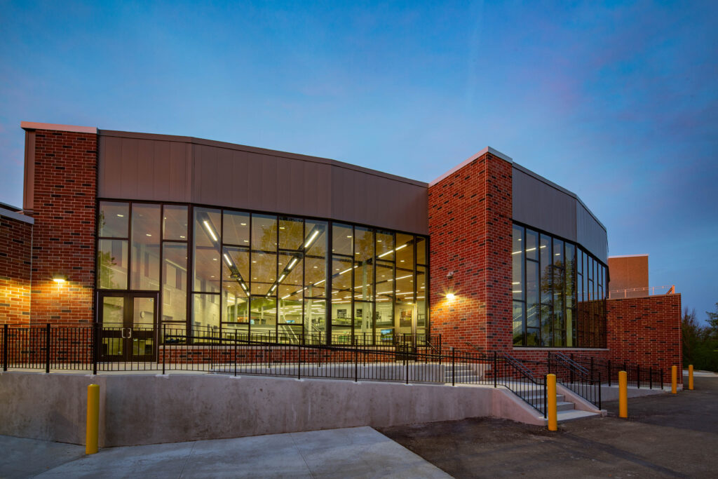 exterior photo of the cafeteria area at dusk