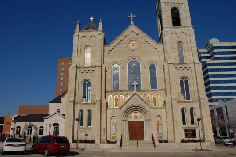 View of the towering front of a historic church