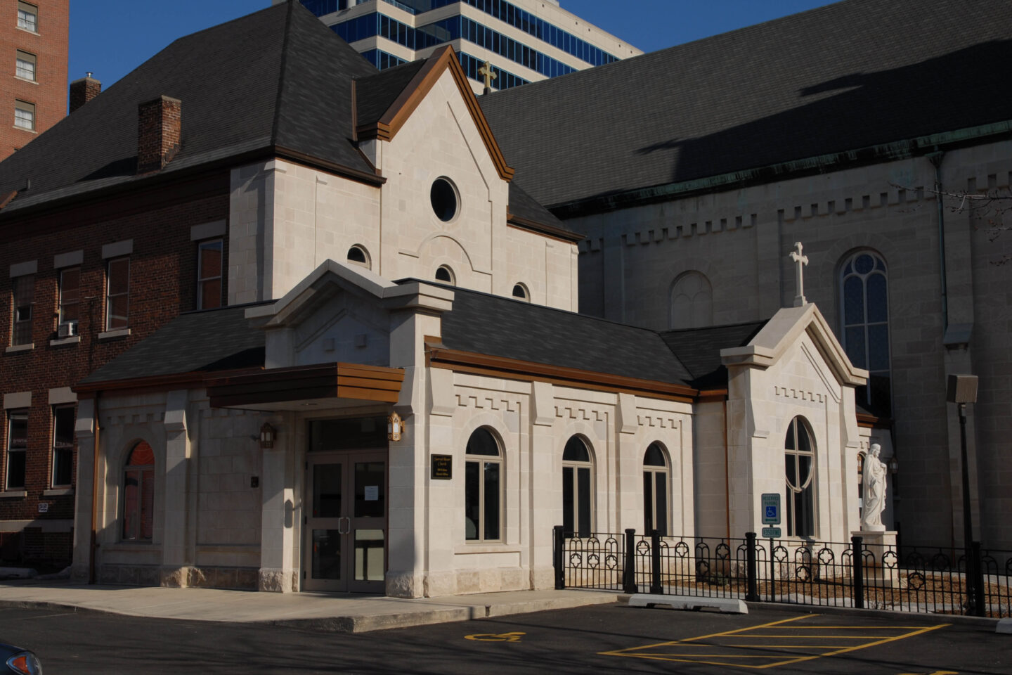 A new addition to a historic church complements the original building