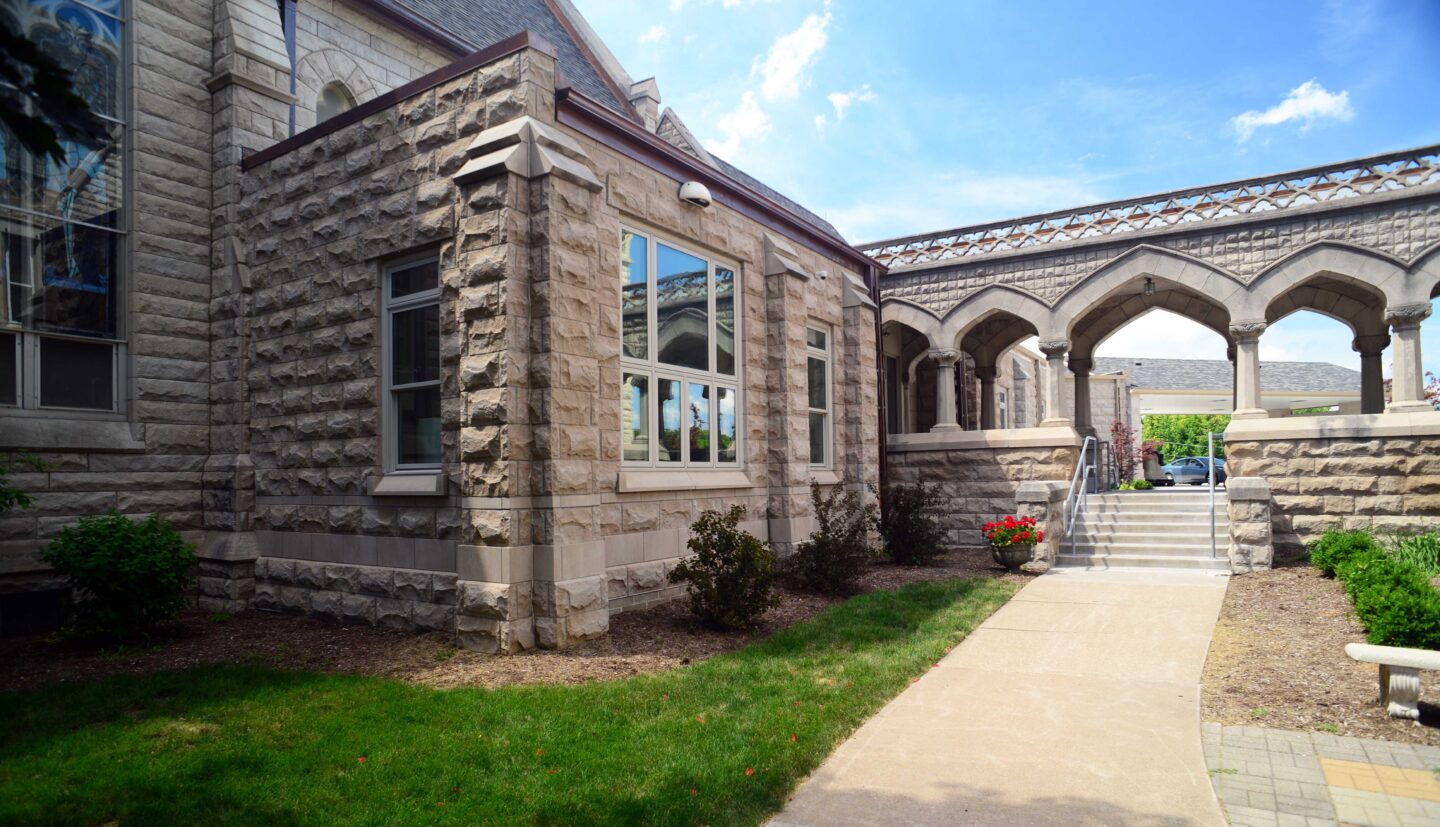 A stone addition and breezeway blends seamlessly with the historic Sacred Heart Cathedral