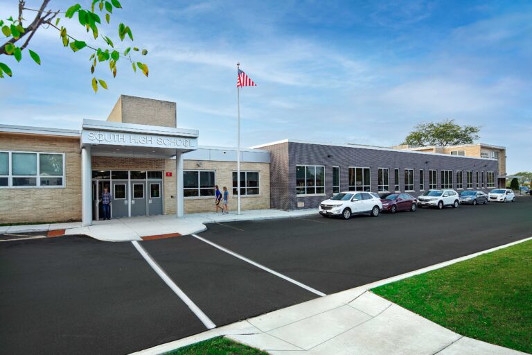 Exterior view of the updated entrance and other improvements at Waukesha South High School