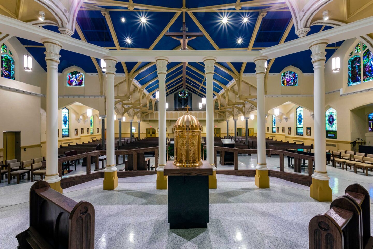 Wide view of church interior from front wall