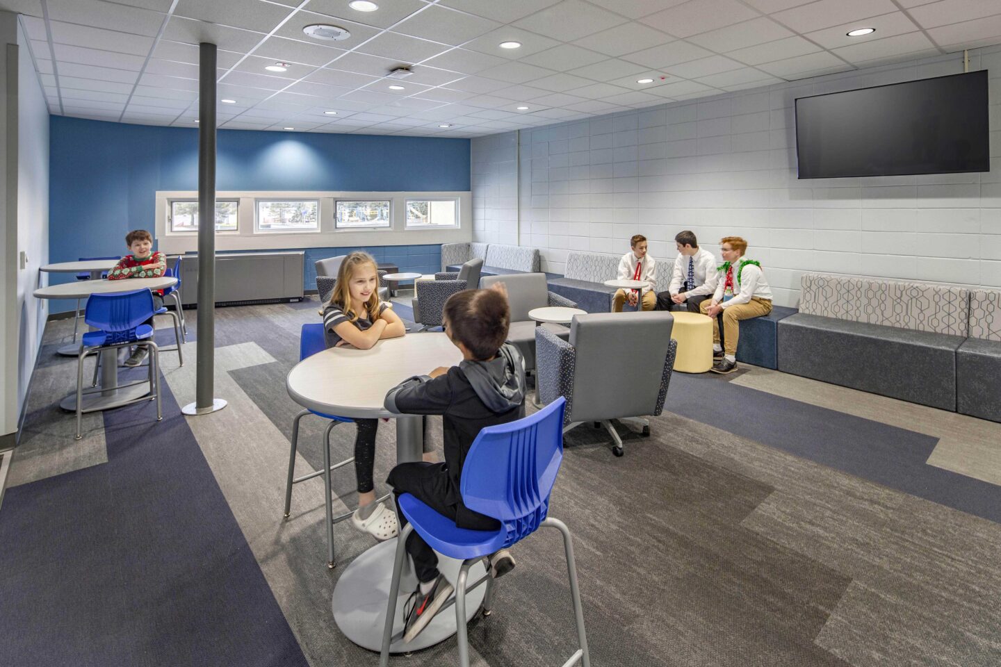Students work and collaborate in a space filled with flexible furniture options at Wheatland Center School