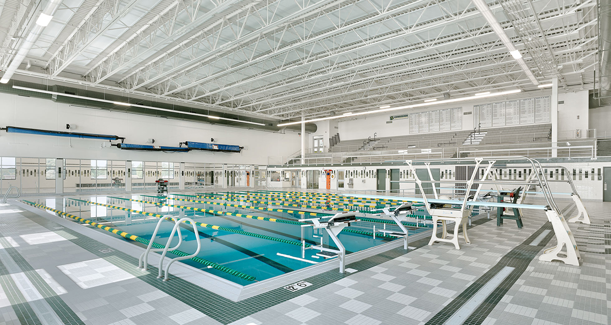 Perspective showing a large pool with bleachers for spectator seating at the far edge