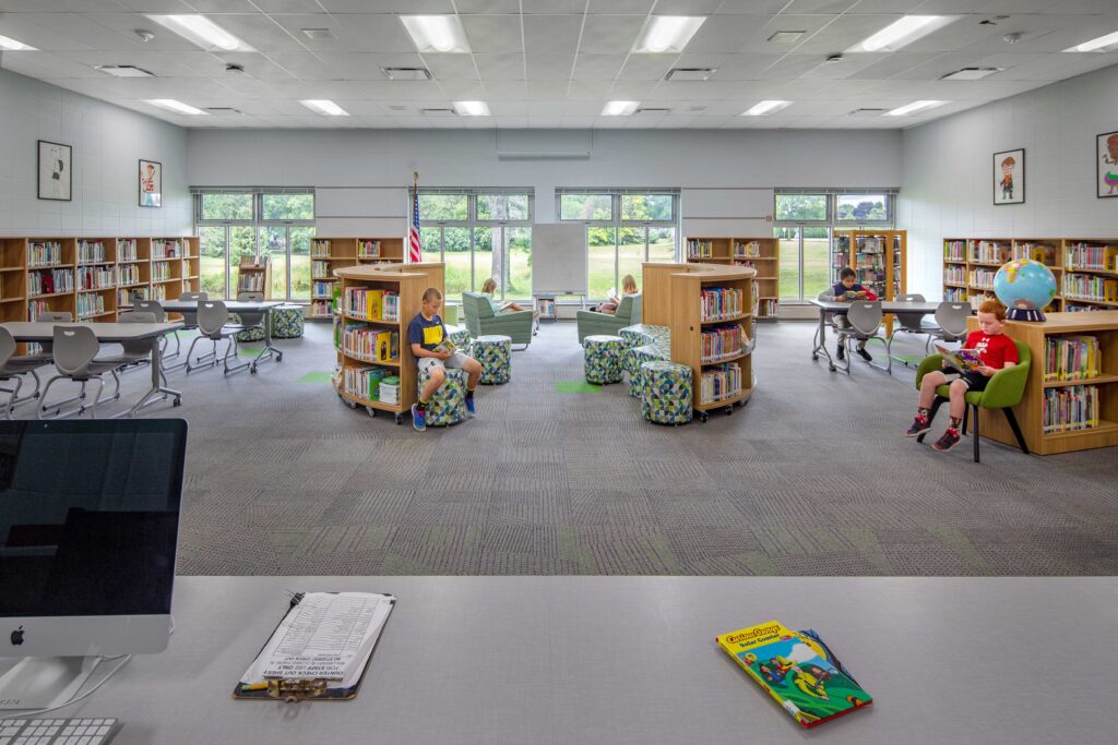 Ample space and large windows create an open, flexible library at College Park Elementary in Greendale
