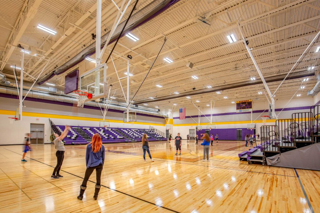 A view of the new gymnasium including the retractable bleachers