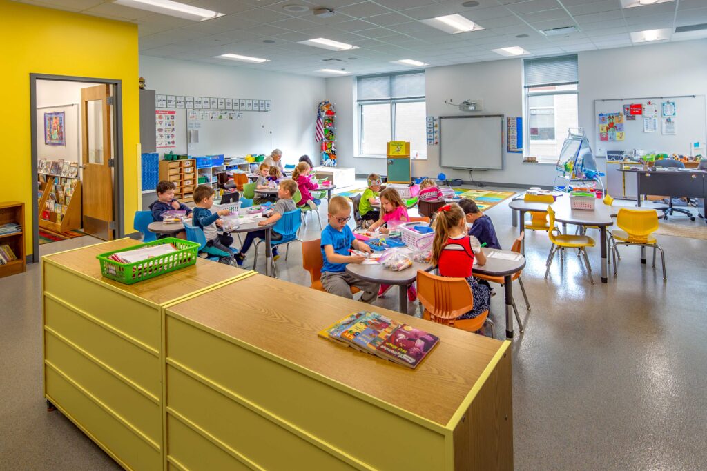 A large elementary classroom contains flexible furniture for adaptable learning in the elementary wing of the Eleva-Strum School District