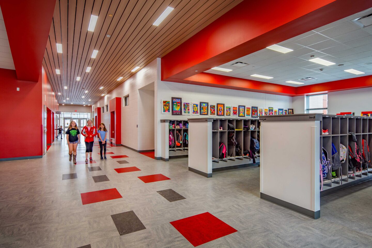 Red accents brighten up a locker area in the new elementary wing at Eleva-Strum Elementary School
