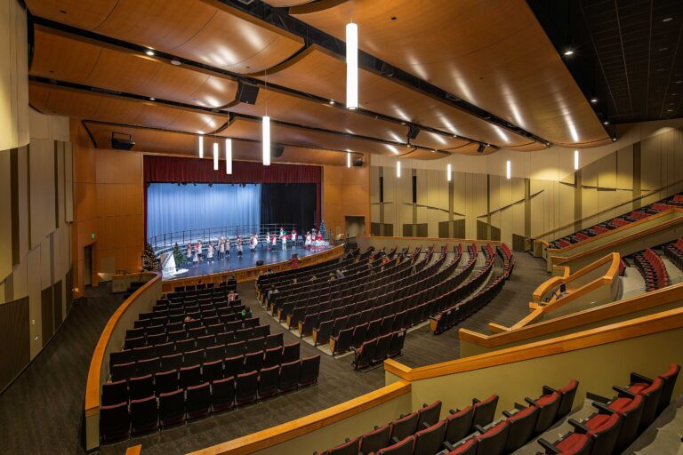 View from high in the seats of performers on stage in a rolling auditorium