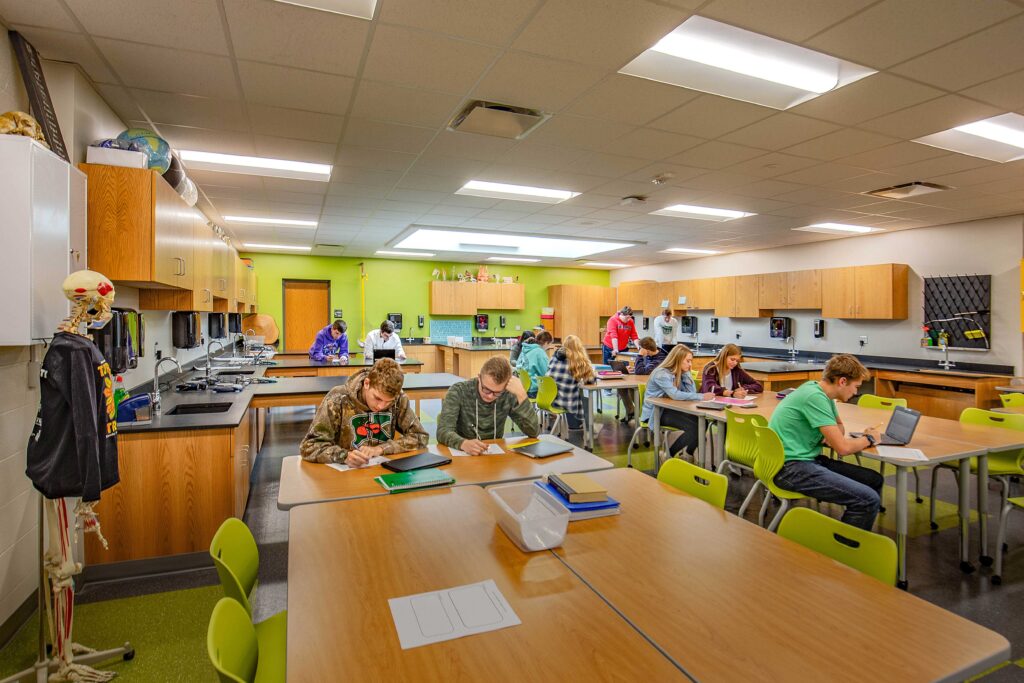 Students complete assignments in one of the renovated science labs, which includes a skylight for natural light