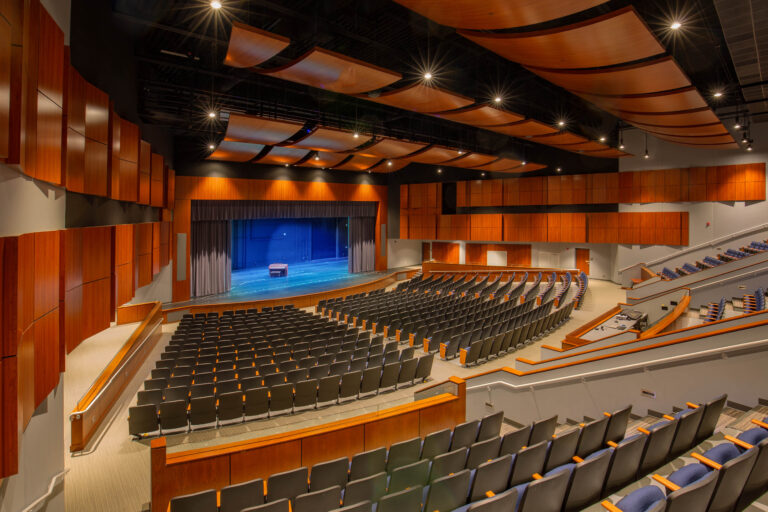 View from the back corner toward the stage of an 800-seat auditorium
