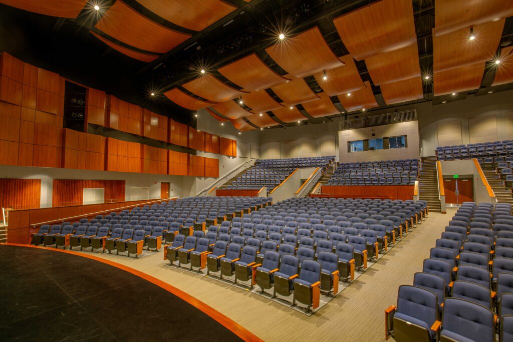 View from the stage toward the house of an 800-seat auditorium