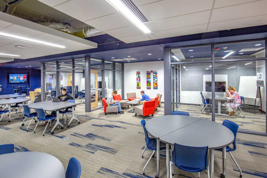 Open work areas and glassed-in rooms provide flexibility for instruction at Mukwonago High School
