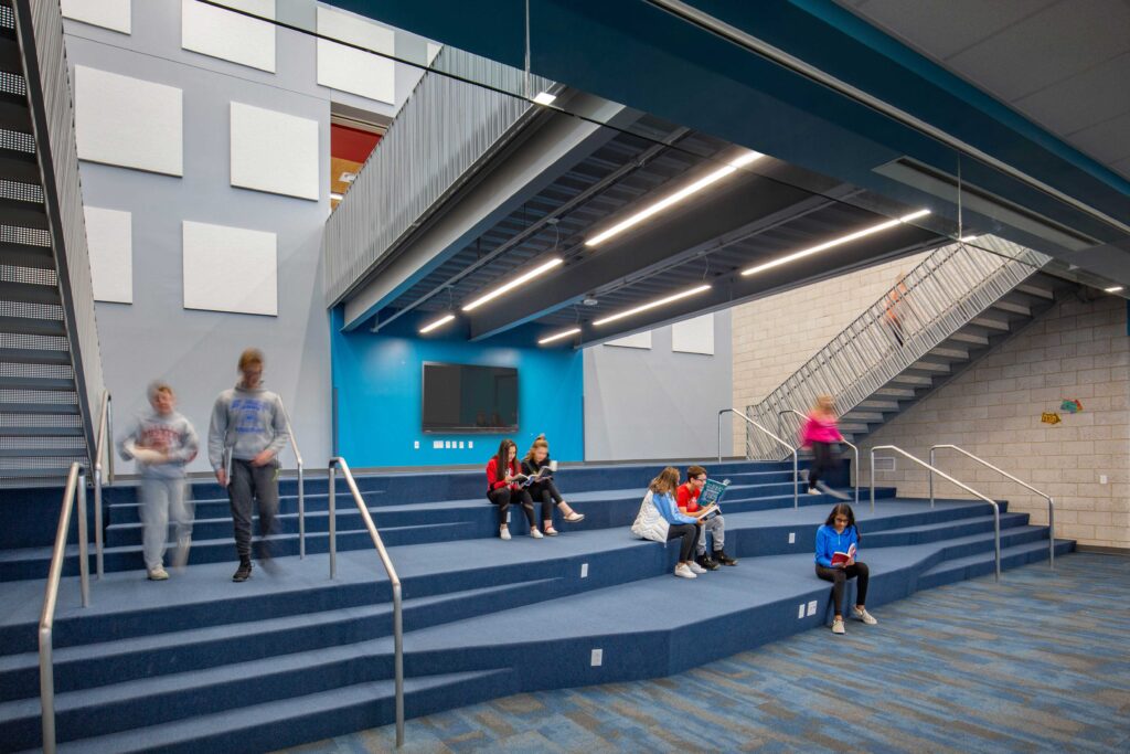 Students collaborate at the learning stair