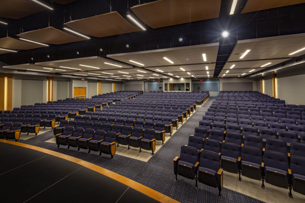 View from the stage into a three-sectioned auditorium at the Northern Ozaukee School District