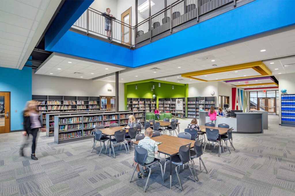 A close up view of the atrium that connects the lower and upper floors in the school library