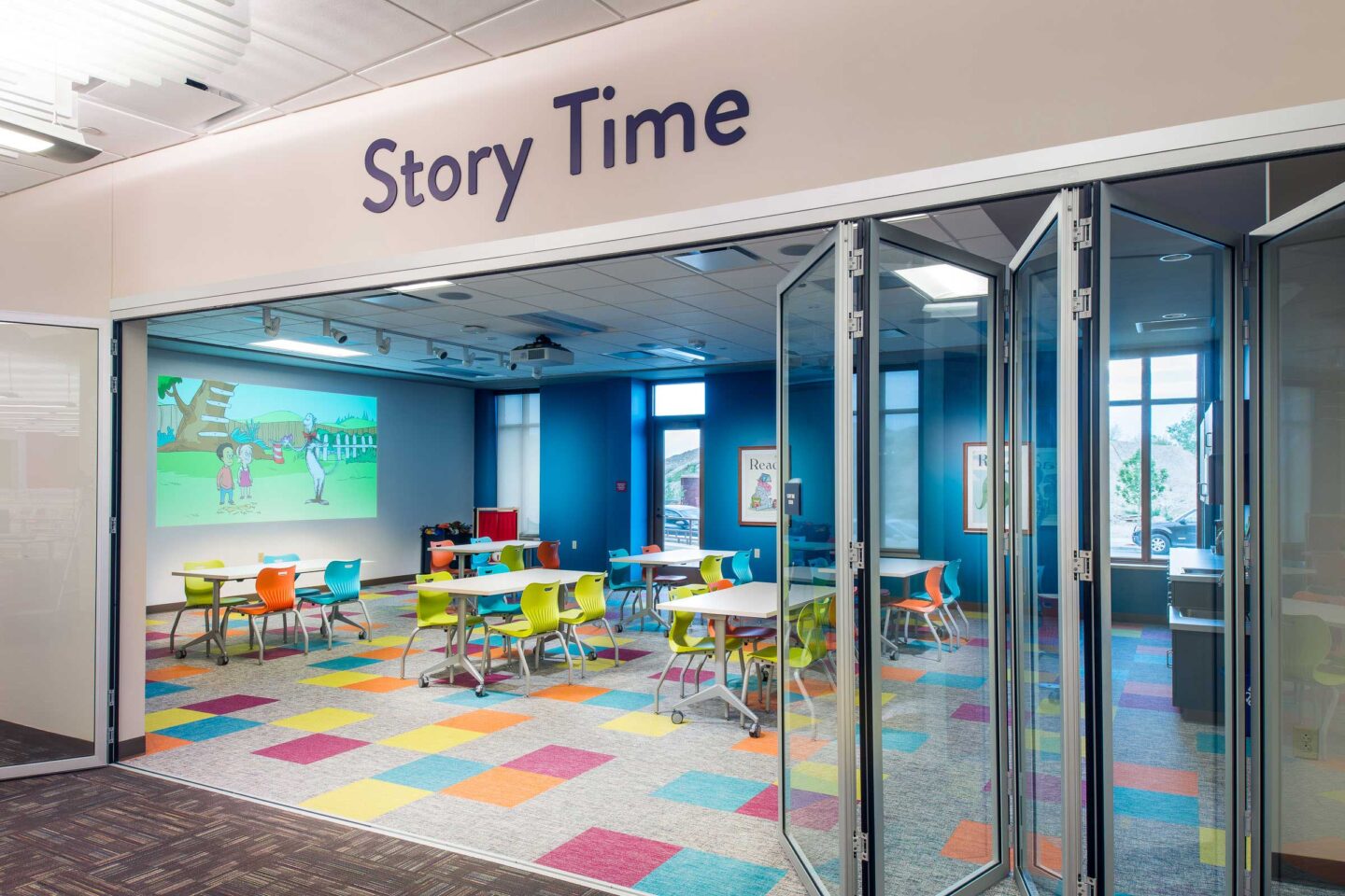 A colorful room labeled "story time" offers a gathering space at the Oak Creek Public Library