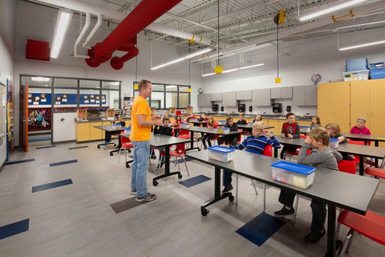 Students engage in instruction in an expansive science classroom at Oostburg Elementary School