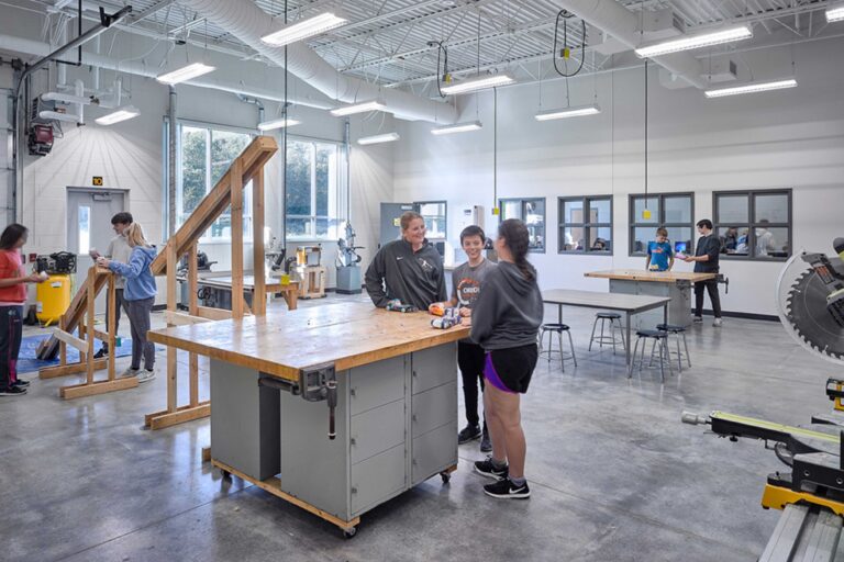 Students work on projects in the upgraded tech ed rooms which feature windows outdoors and to adjacent classrooms