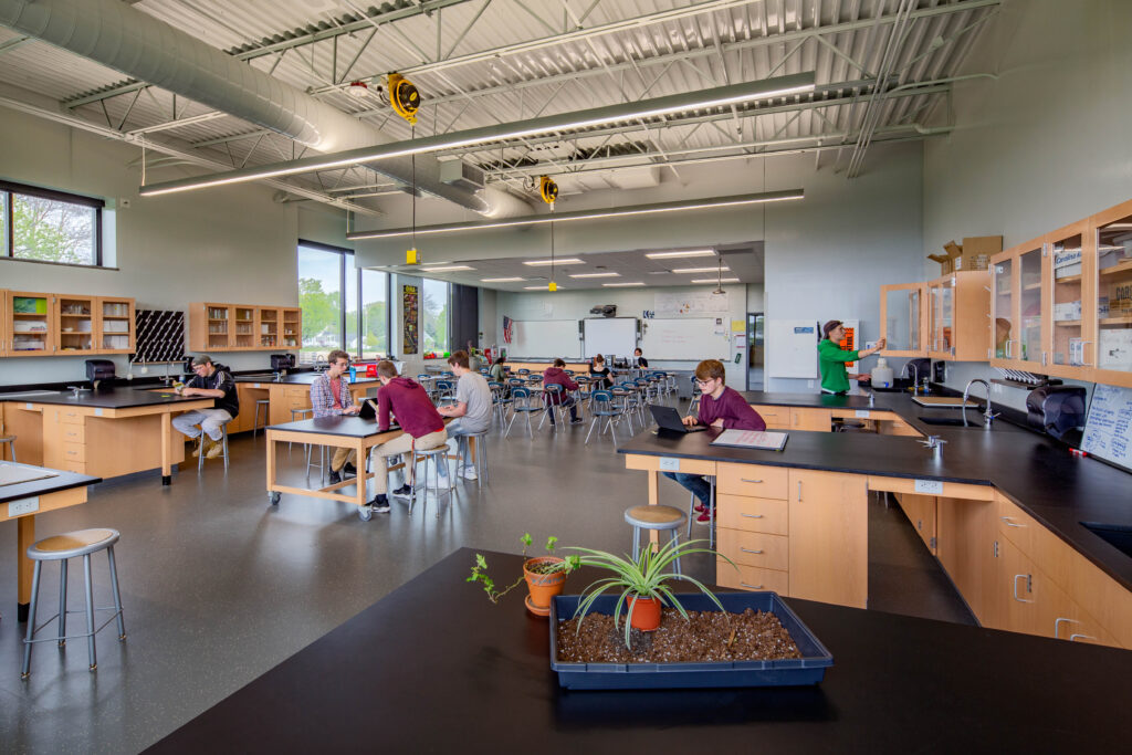 Students study together in the biology classroom and lab