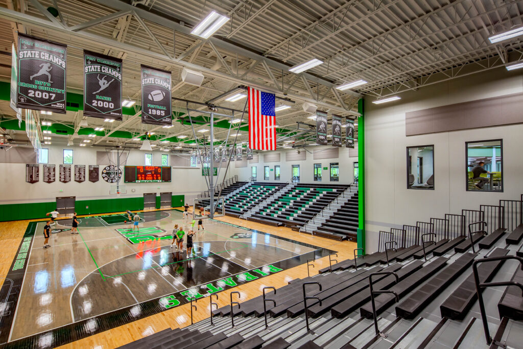 A view of the new gymnasium including the windows that connect the space to the school's main entryway