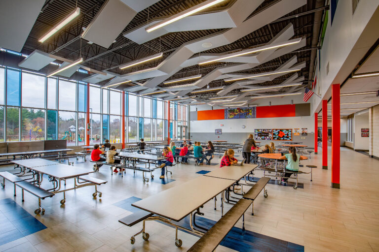 Large windows allow daylight into the new cafeteria