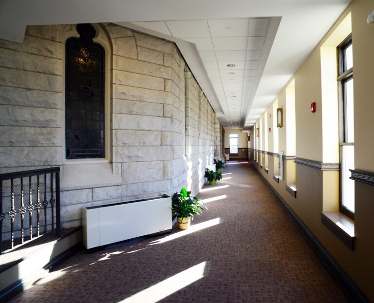 Masonry detail in a hallway blends the old with the new in the addition at Sacred Heart Cathedral