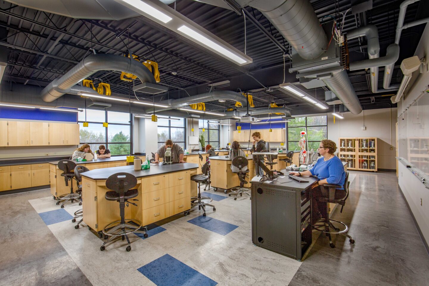 Students work at tables in a biology lab with an industrial ceiling and large windows