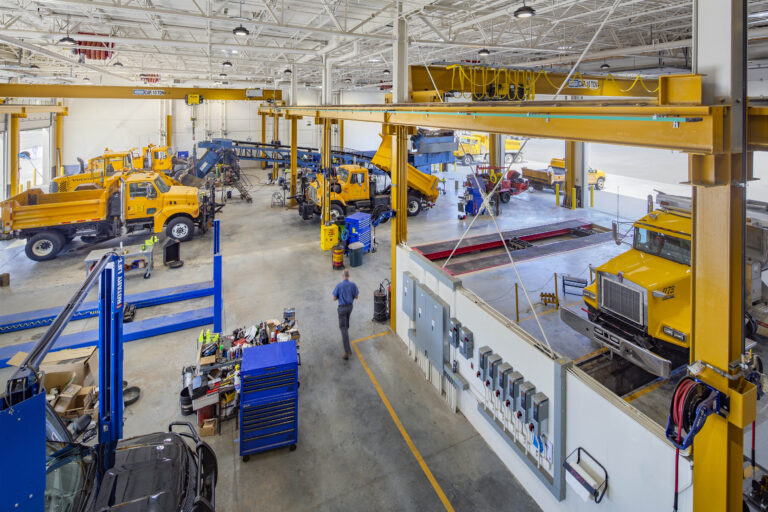 An overhead view of a garage area where county vehicles are stored and serviced