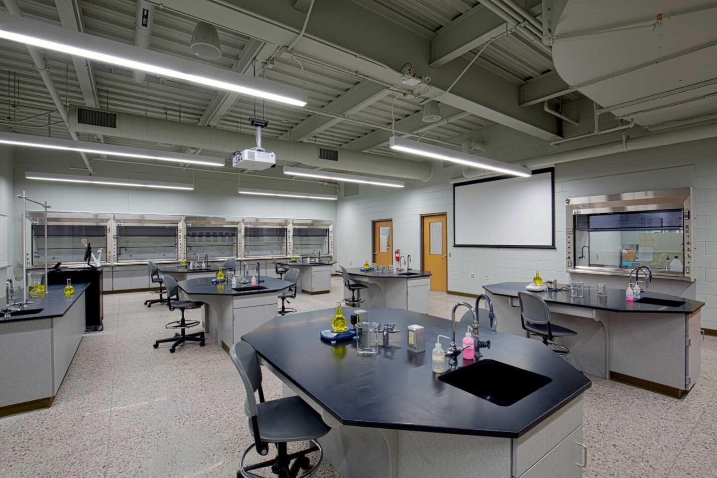A new classroom features lab tables and equipment