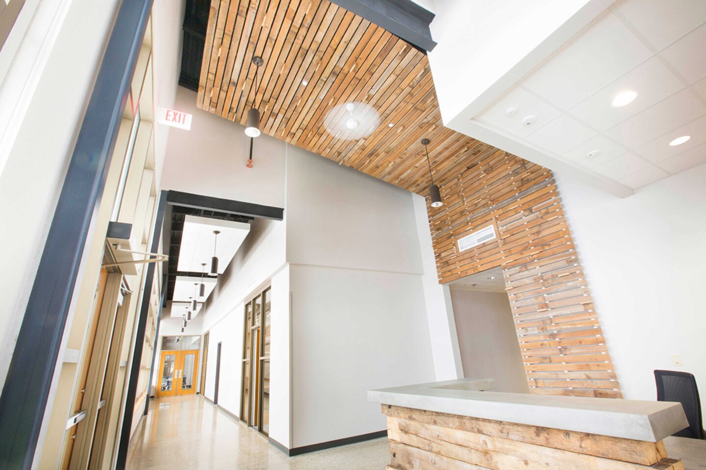A large, modern reception area features natural-wood accents and plentiful natural light