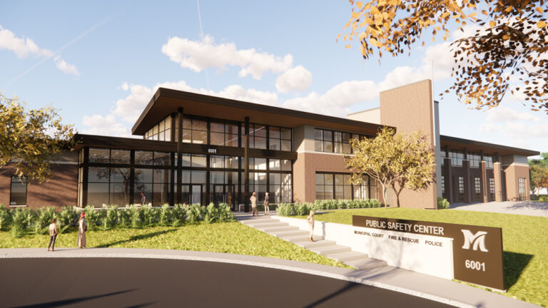 An exterior rendering of the front entrance of the new building