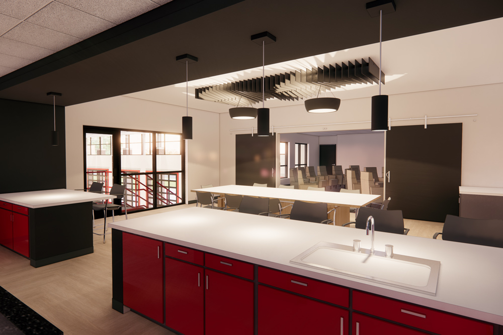 A rendering of the shared kitchen space with access to the apparatus bays