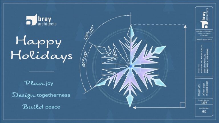 A graphic with a snowflake appearing to be on a blueprint sheet, reading: Happy Holidays - Plan joy - Design togetherness - Build peace