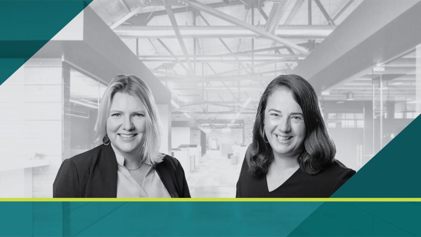 Photo collage with headshots of Lisa Maloney and Karina Henderson in front of a photo of Bray Architects' Milwaukee office